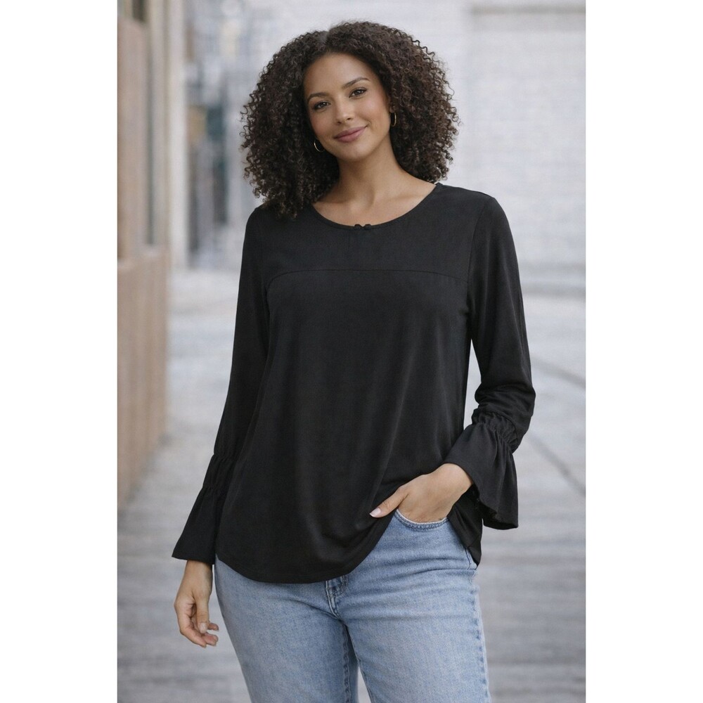 New Chicos Matte Jersey Stretch Tunic Top Medium Black Ruffle Cuff Corset Back
